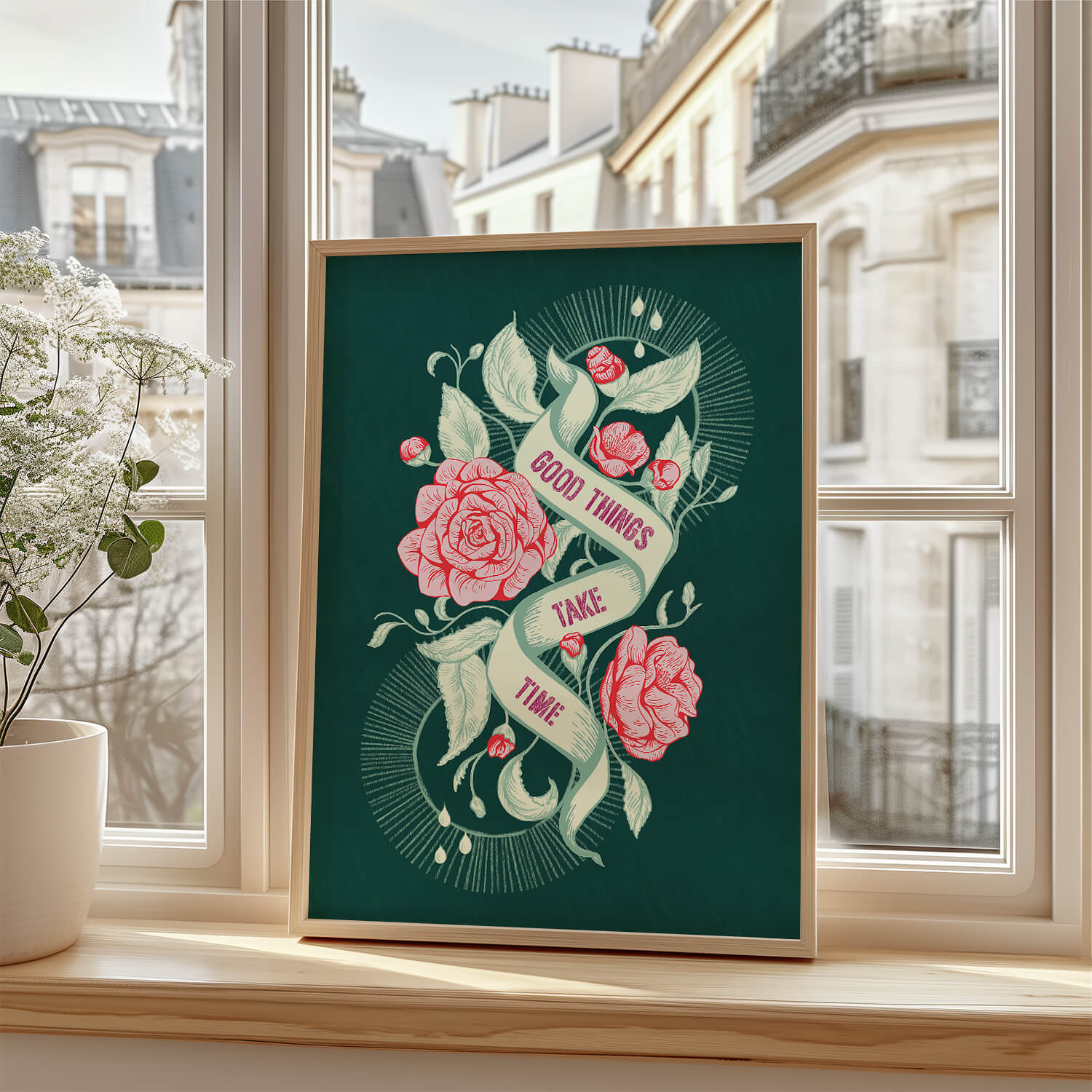 Foto von einem hochwertig gerahmten psychologischem Kunstdruck für Therapieräume mit Growth Mindset Spruch: "Good Things take time" in grün und rosa steht auf der Fensterbank einer Psychotherapiepraxis oder eines Design Wohnzimmers. Das Ambiente ist stilvoll, warm und einlandend. Der Link führt zum Etsyshop wo man dieses Bild kaufen kann.