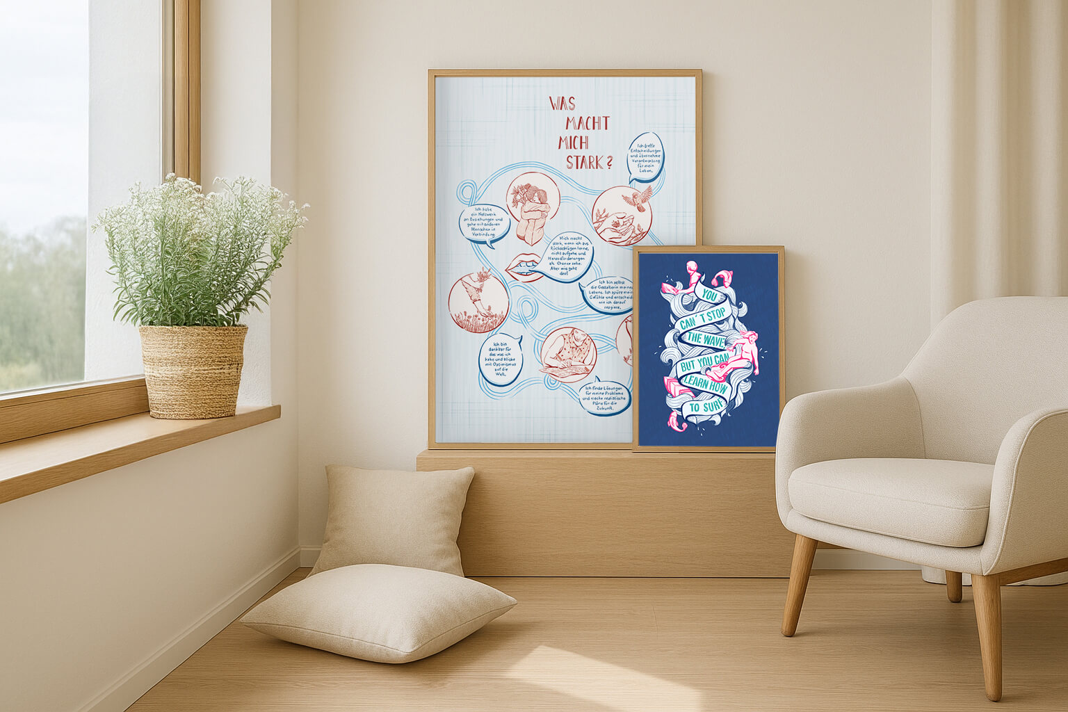 Foto von Therapie oder Coachingraum mit 2 gerahmten psychologischen Postern. Der große Resilienz Kunstdruck für Therapieräume ist blau und rot. Der kleine Fine art Print trägt den psychologischen Spruch: You cam´t breack the wave, but you can learn how to surf. Der Link führt zum Etsyshop wo man diese Bilder kaufen kann.