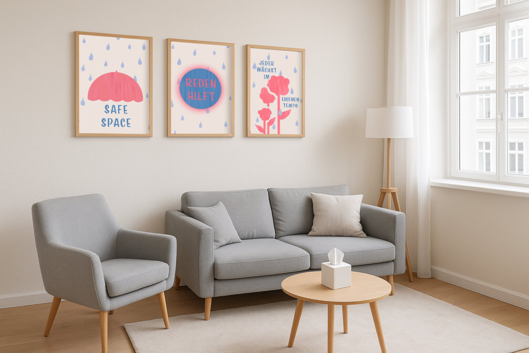 foto einer modernen, minimalistischen psychotherapiepraxis in beige, grau. an der wand hängen 3 gerahmte poster mit spruch: save space, reden hilft und jeder wächst im eigenen tempo. die athmosphäre ist professionell aber vertauensvoll und einladend.