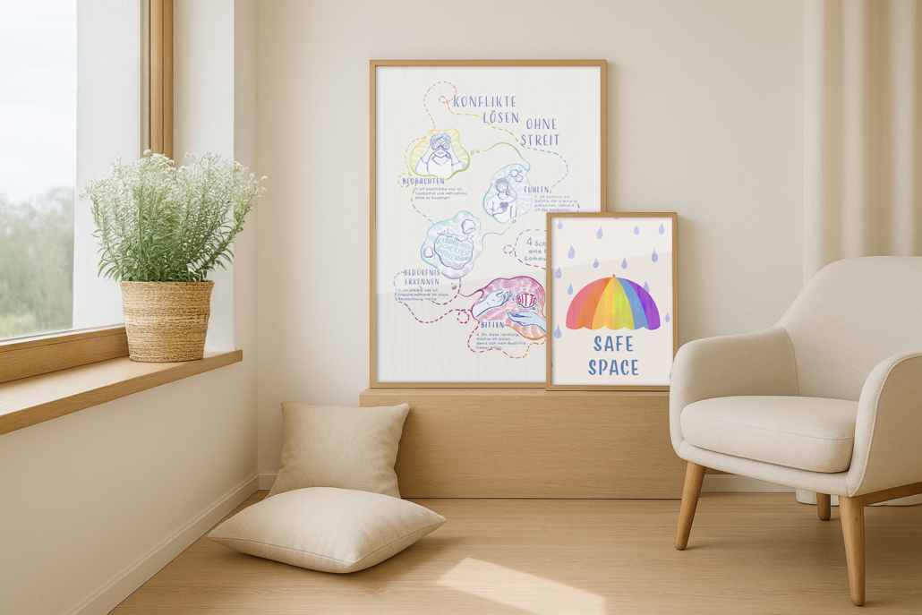 Heller, moderner Therapieraum mit beruhigender Wandgestaltung. Ein großformatiger Kunstdruck erklärt psychoedukativ das Prinzip der gewaltfreien Kommunikation. Ein zweites gerahmtes Poster trägt den Spruch Save space. Beide Bilder sind in beige mit Regenbogenakzenten und wirken inklusiv und hochwertig und antspannend.